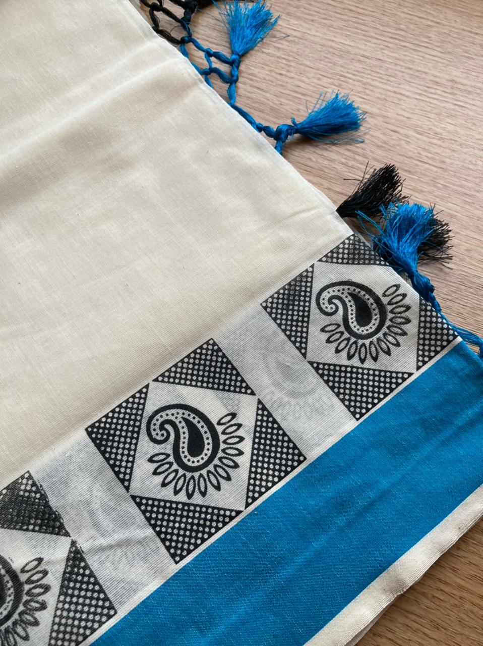 Kerala Cotton Mundum Neriyathum (Set Mundu) with Blue and Black Block Print Tussels Border 2.80 Mtrs