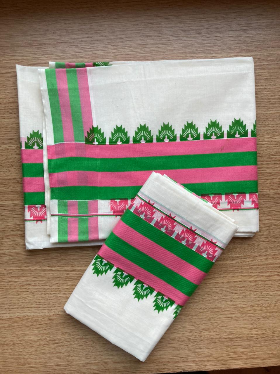 Kerala Cotton Mundum Neriyathum (Set Mundu) with Green and Pink Block Print Border