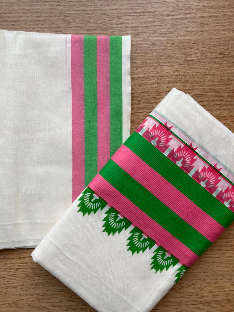 Kerala Cotton Mundum Neriyathum (Set Mundu) with Green and Pink Block Print Border
