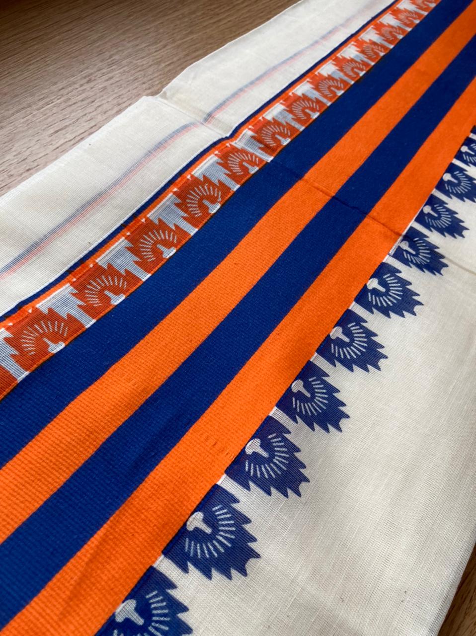 Kerala Cotton Mundum Neriyathum (Set Mundu) with Orange and Blue Block ...