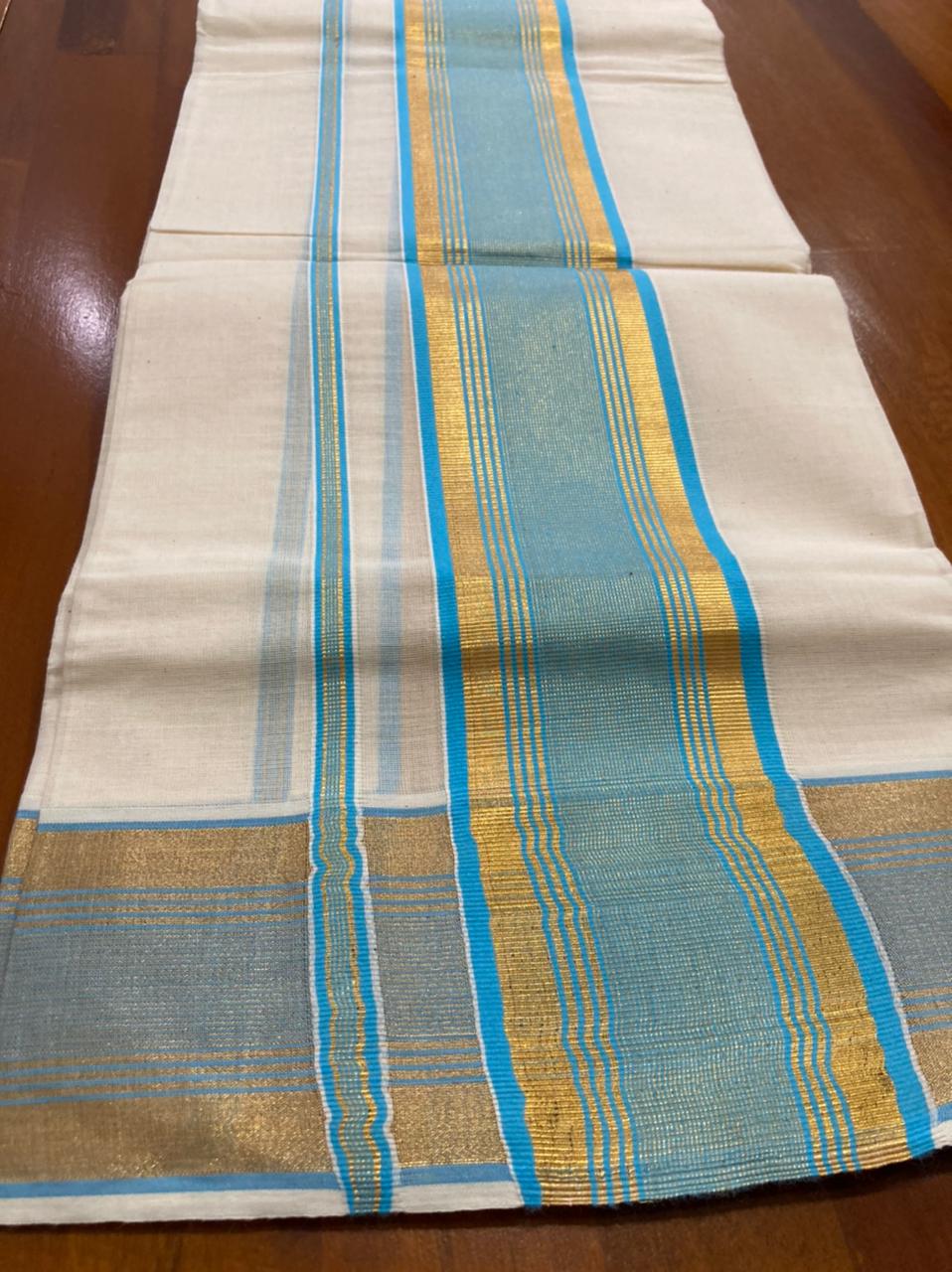 Kerala Cotton Mundum Neriyathum Single (Set Mundu) with Kasavu and Light Blue Border 2.80 M