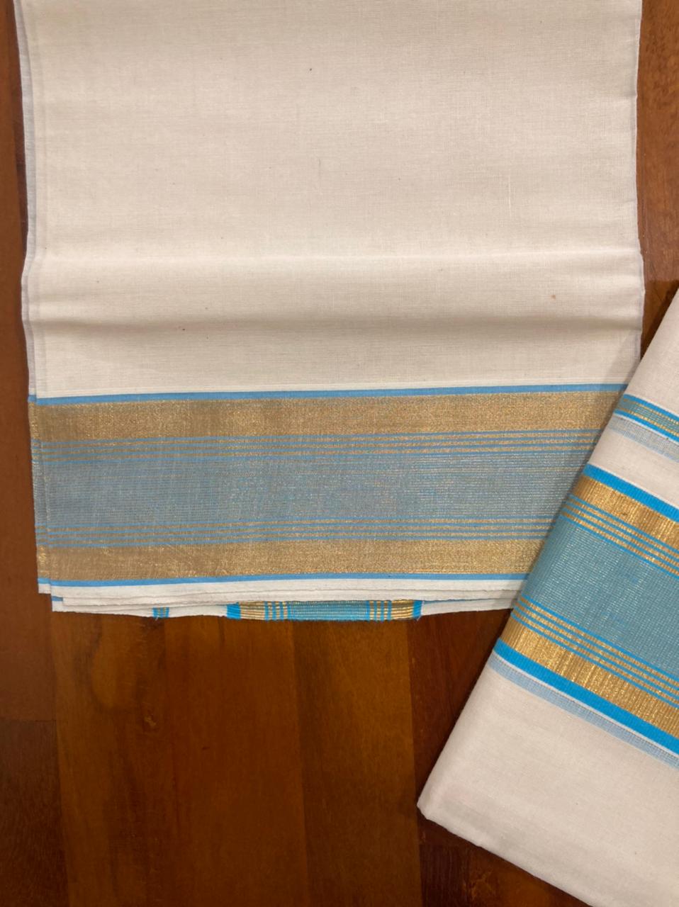 Kerala Cotton Mundum Neriyathum Single (Set Mundu) with Kasavu and Light Blue Border 2.80 M