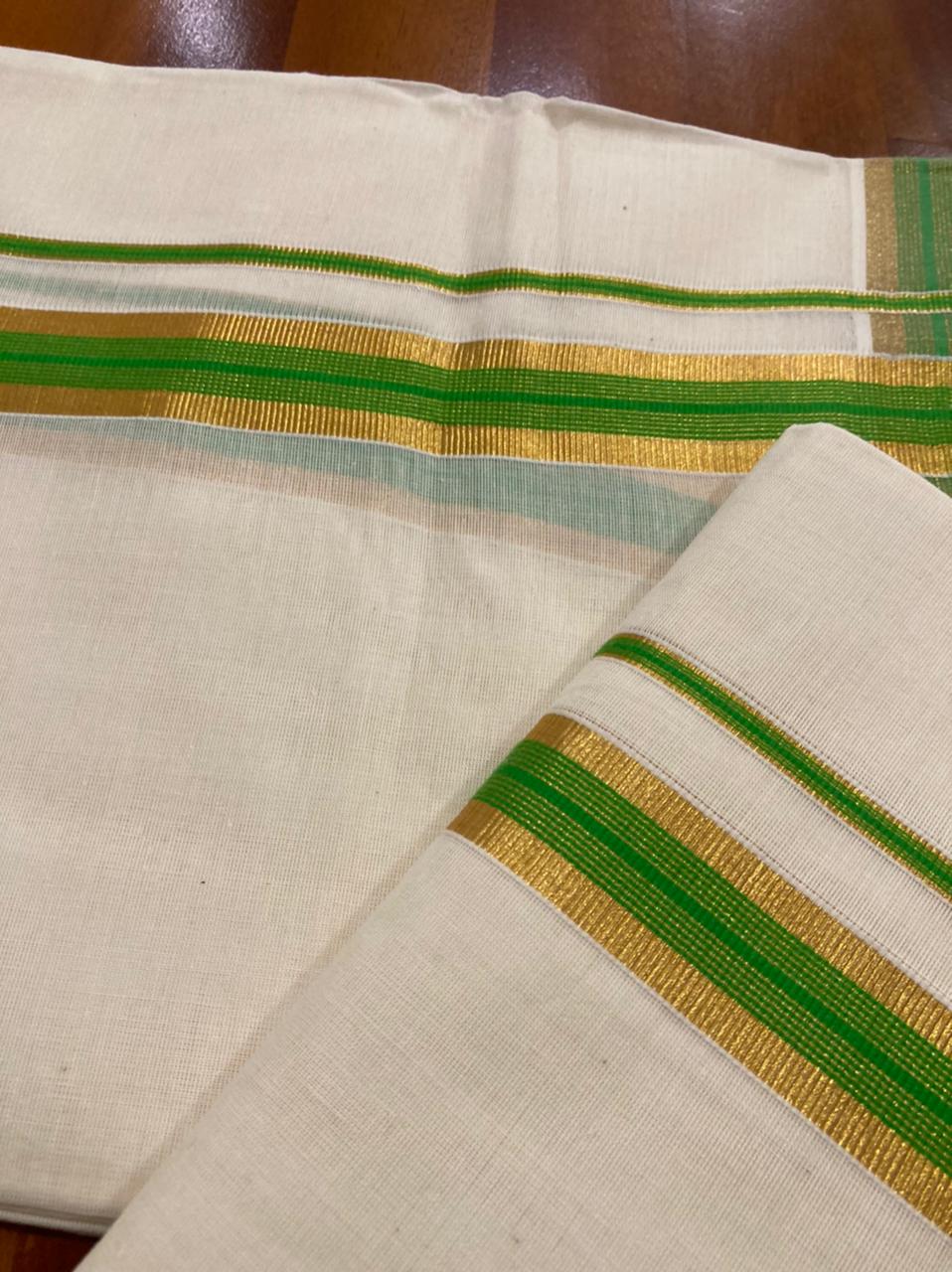 Kerala Cotton Mundum Neriyathum Single (Set Mundu) with Kasavu and Light Green Border 2.80 Mtrs