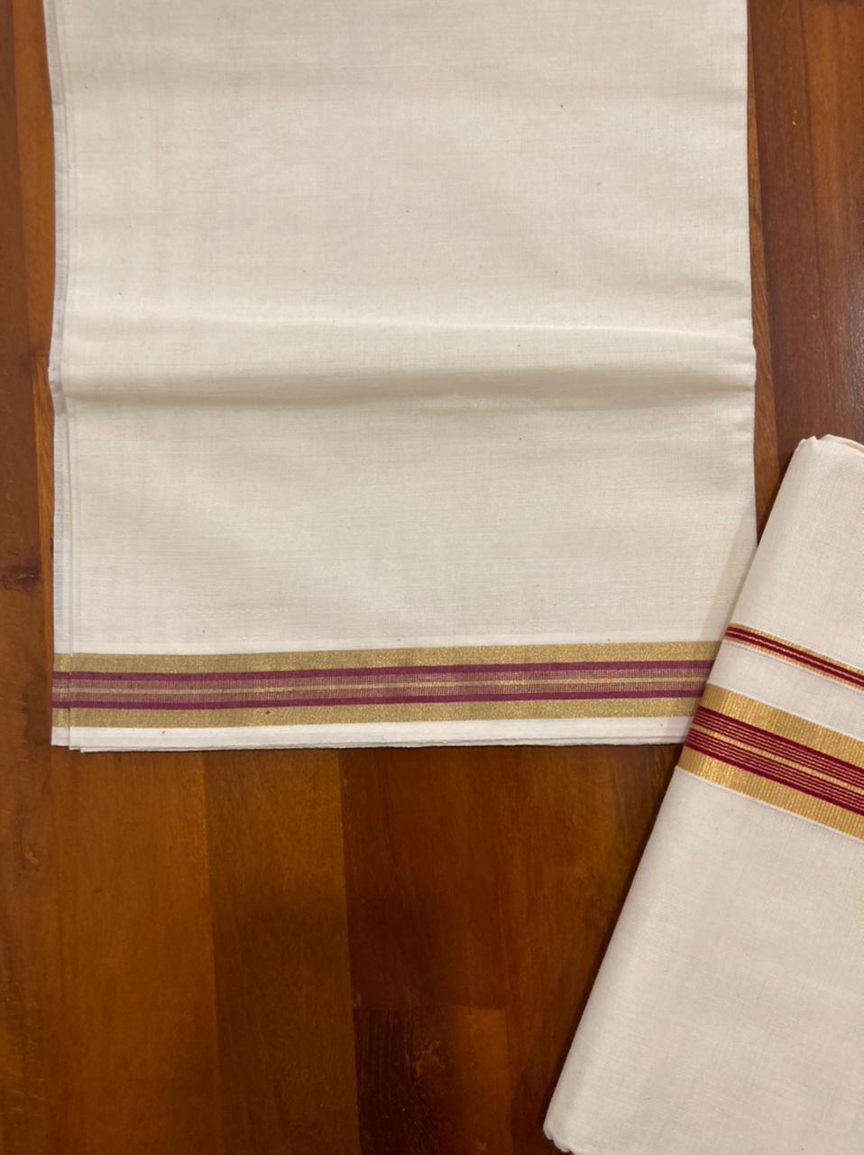 Kerala Cotton Mundum Neriyathum Single (Set Mundu) with Kasavu and Maroon Border 2.80 Mtrs