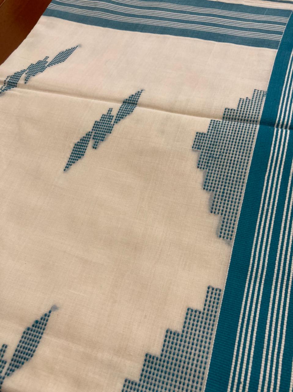 Southloom Kuthampully Unakkupaavu Handloom Onam Saree with Teal Butta Works