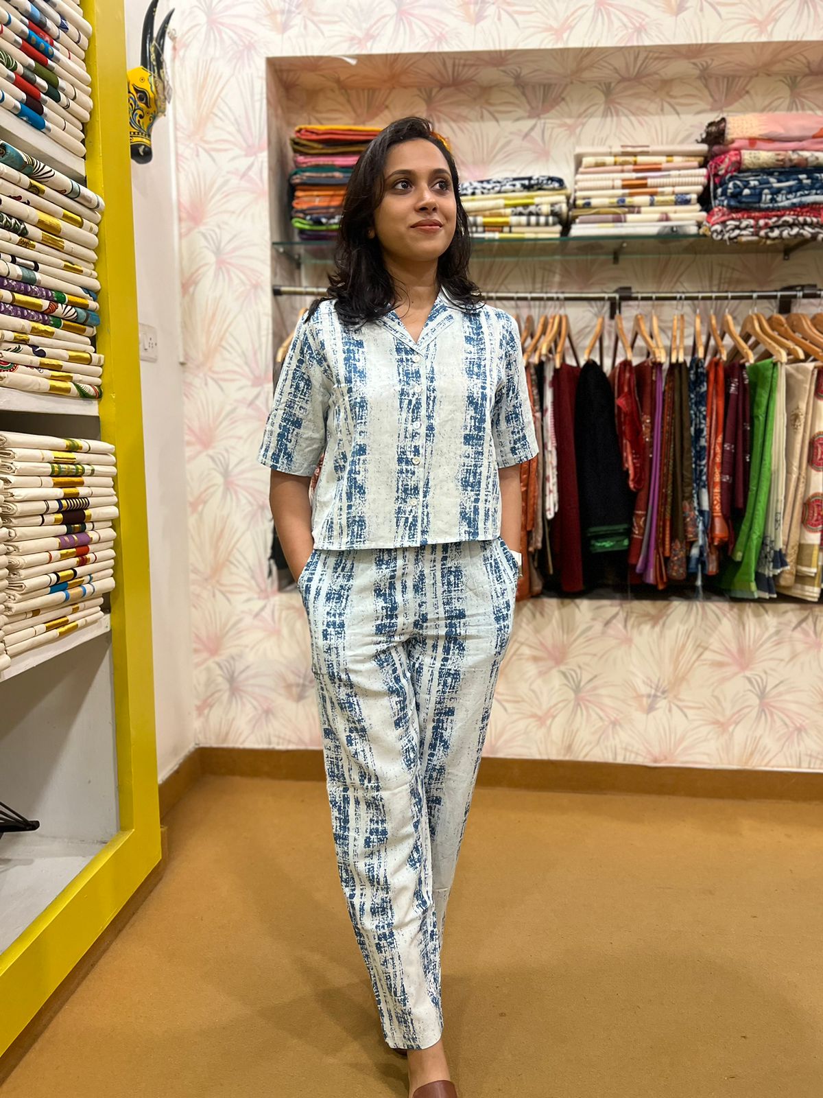 Southloom Co-Ord Set for Women in White and Blue Block Printed Cotton Fabric (Shirt and Trousers)