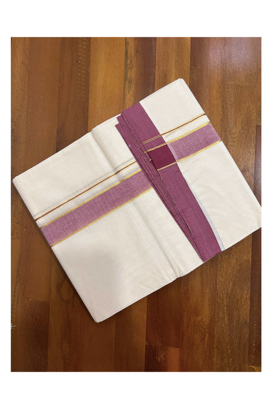 Off White Cotton Mundu with Maroon and Kasavu Border (South Indian Dhoti)