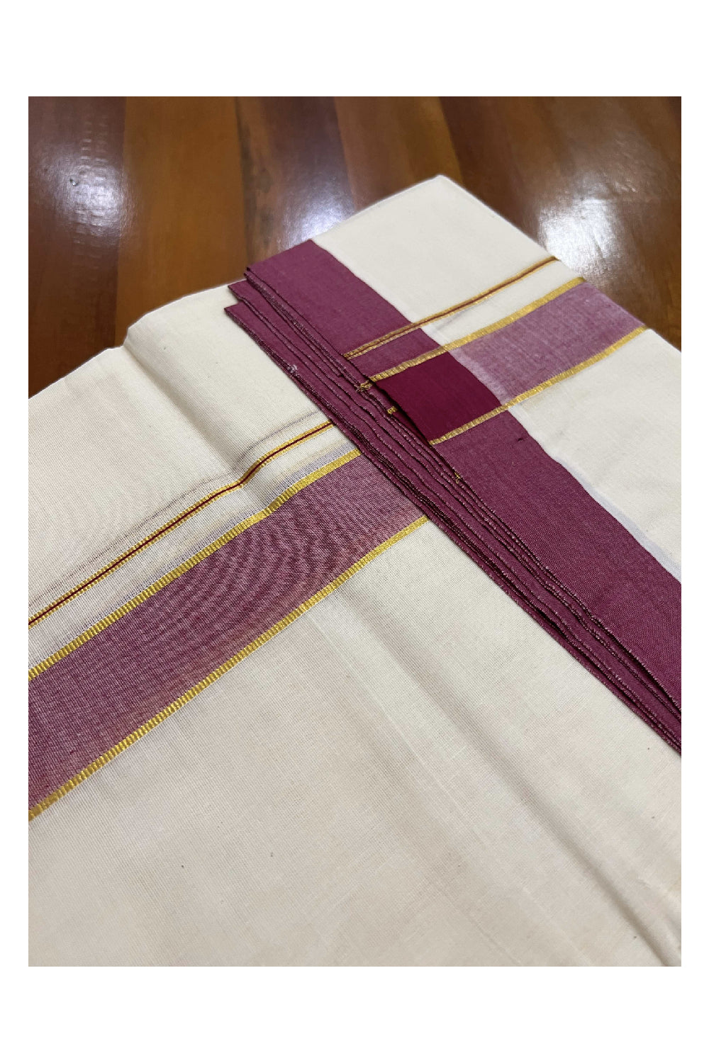 Off White Cotton Mundu with Maroon and Kasavu Border (South Indian Dhoti)