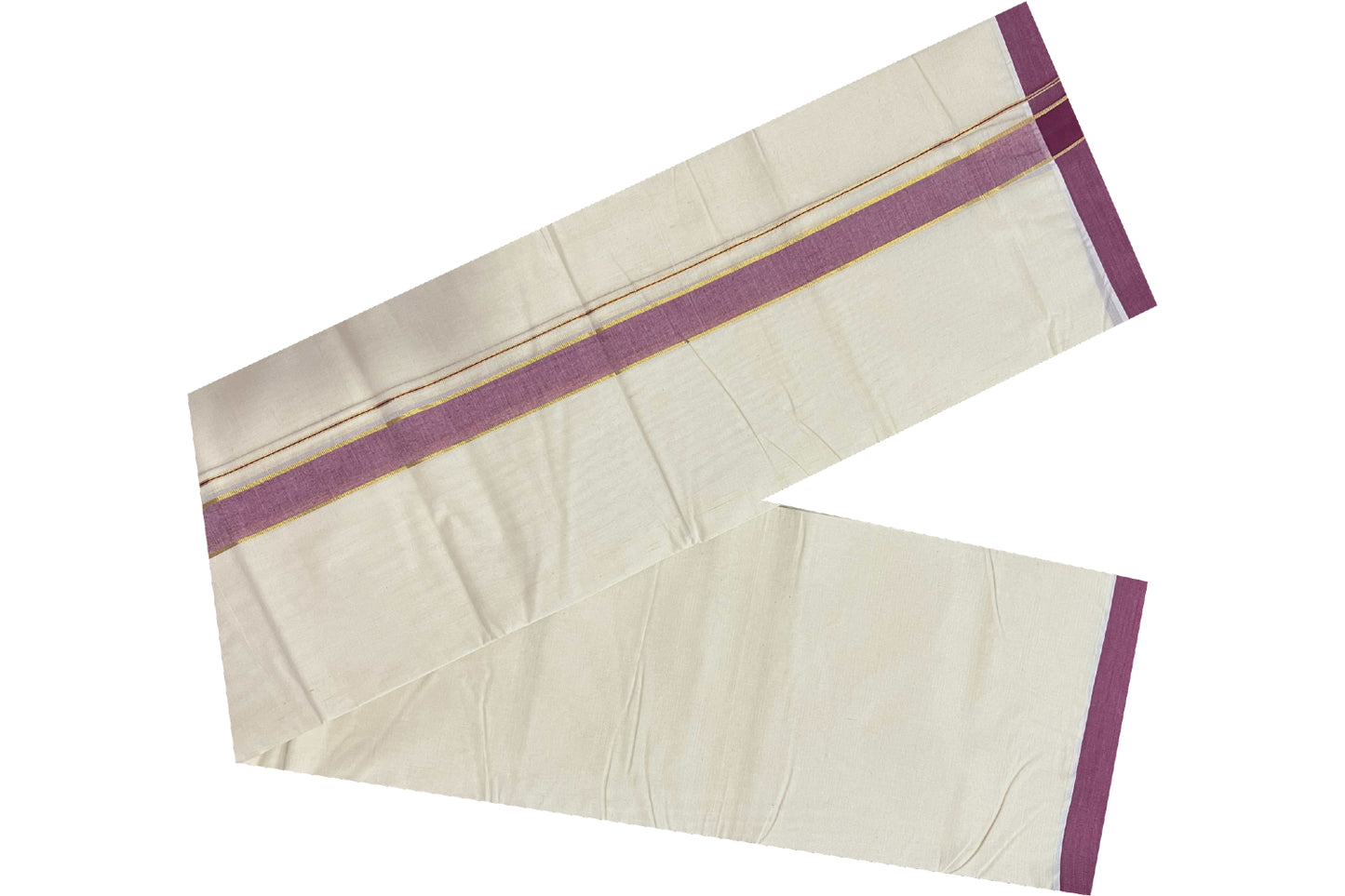 Off White Cotton Mundu with Maroon and Kasavu Border (South Indian Dhoti)