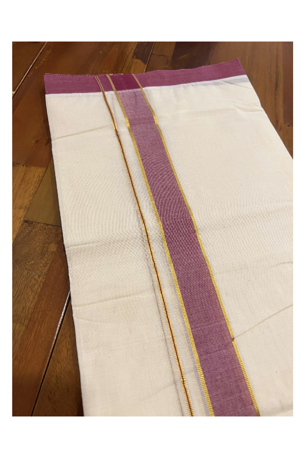 Off White Cotton Mundu with Maroon and Kasavu Border (South Indian Dhoti)