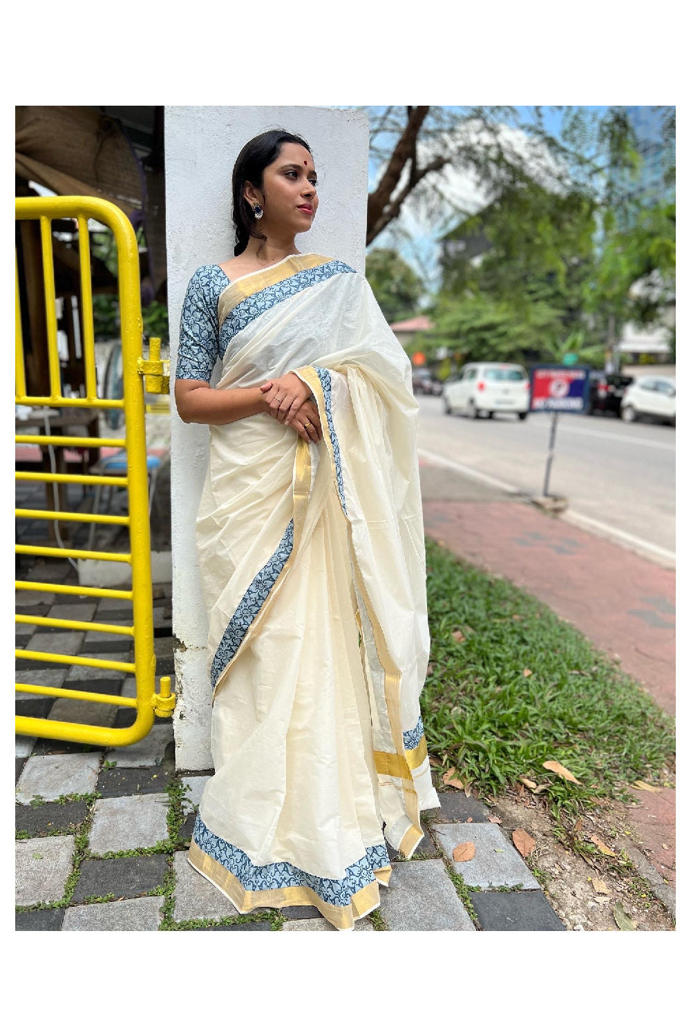 Southloom Onam 2022 Kerala Pure Cotton Fusion Art Ajrakh Border Saree with Blouse Piece