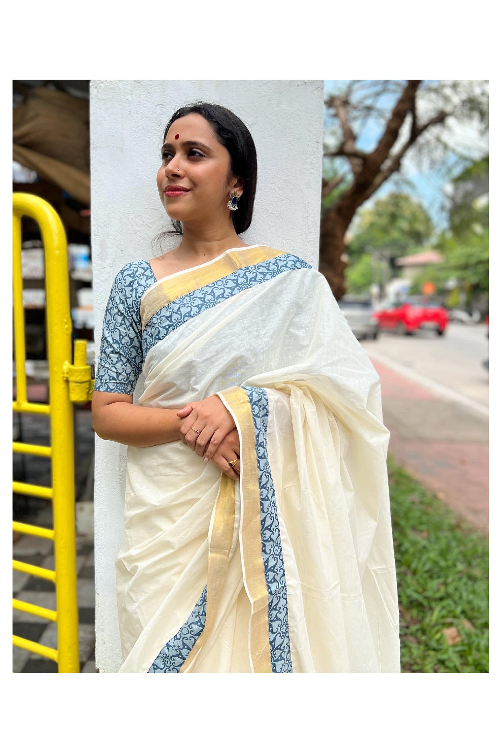 Southloom Onam 2022 Kerala Pure Cotton Fusion Art Ajrakh Border Saree with Blouse Piece