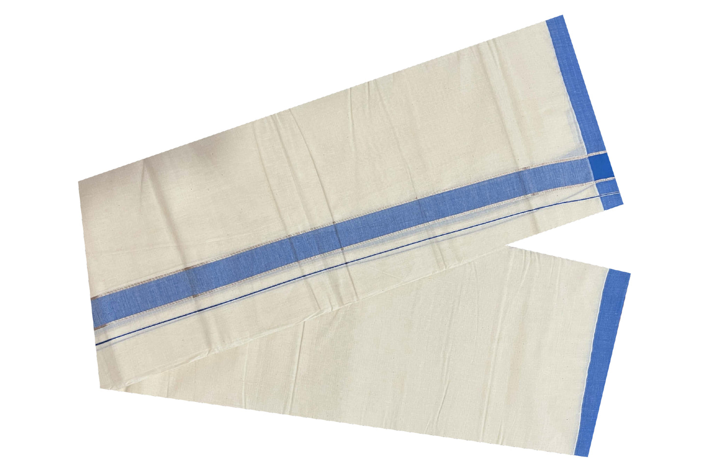 Off White Cotton Mundu with Blue and Silver Kasavu Border (South Indian Dhoti)