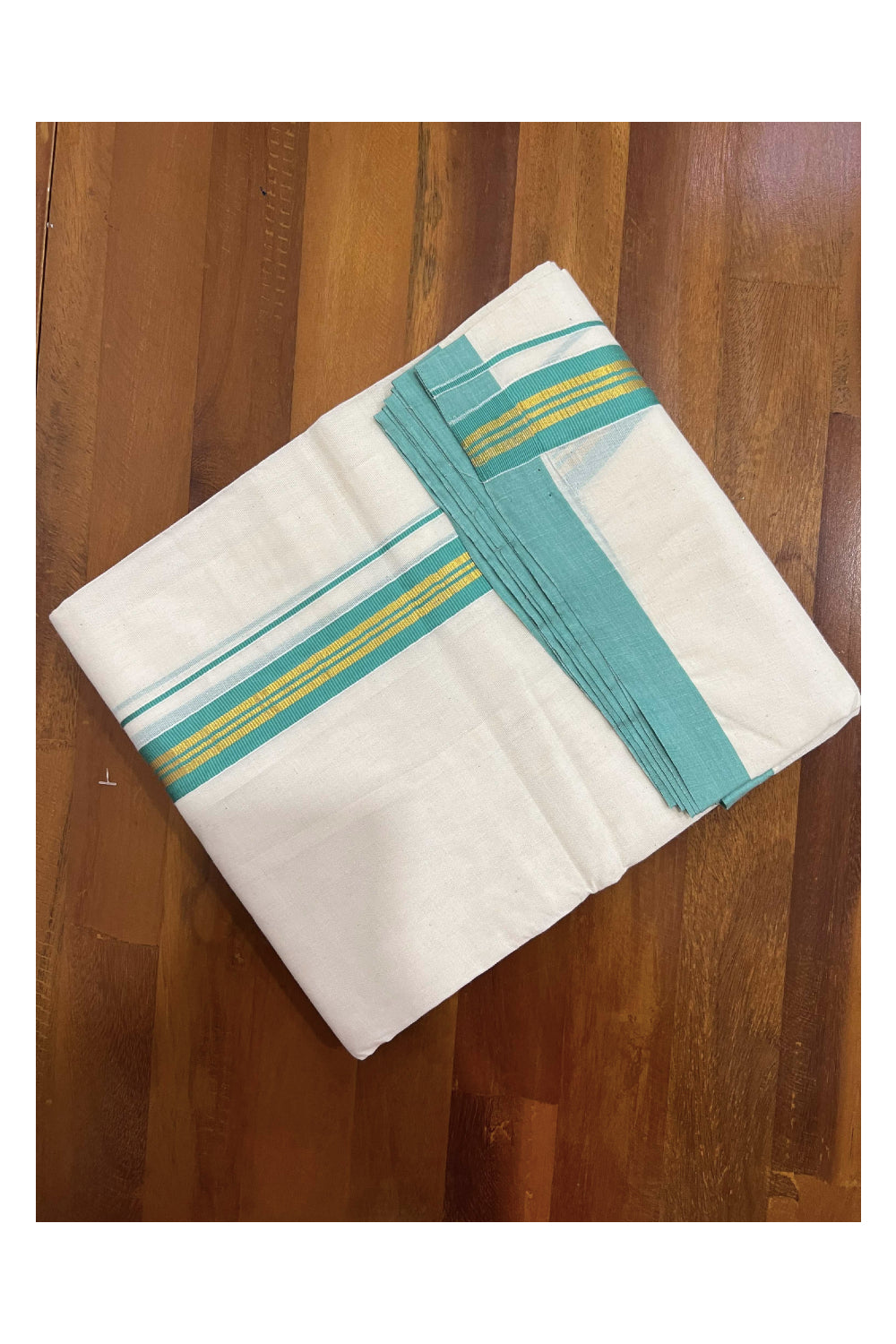 Off White Cotton Mundu with Light Green and Kasavu Border (South Indian Dhoti)