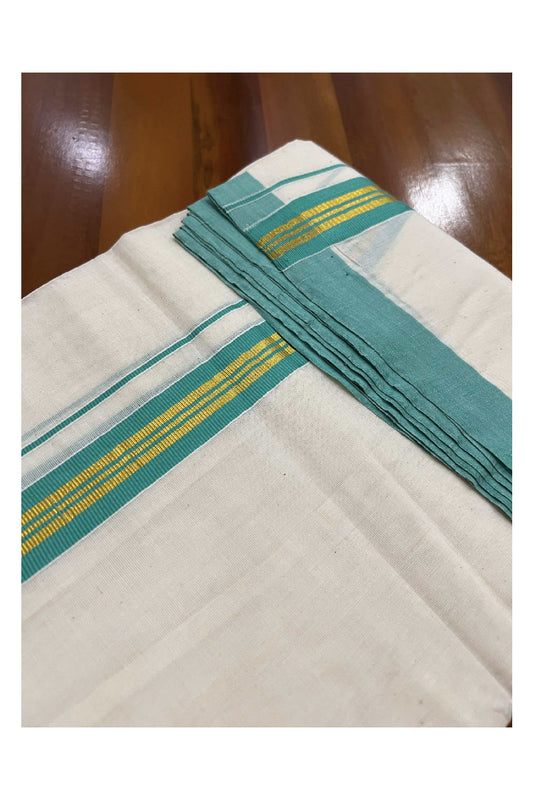 Off White Cotton Mundu with Light Green and Kasavu Border (South Indian Dhoti)