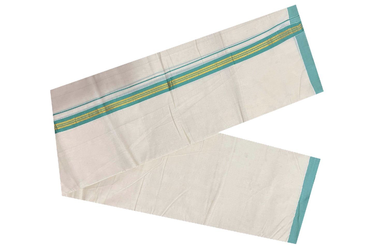 Off White Cotton Mundu with Light Green and Kasavu Border (South Indian Dhoti)