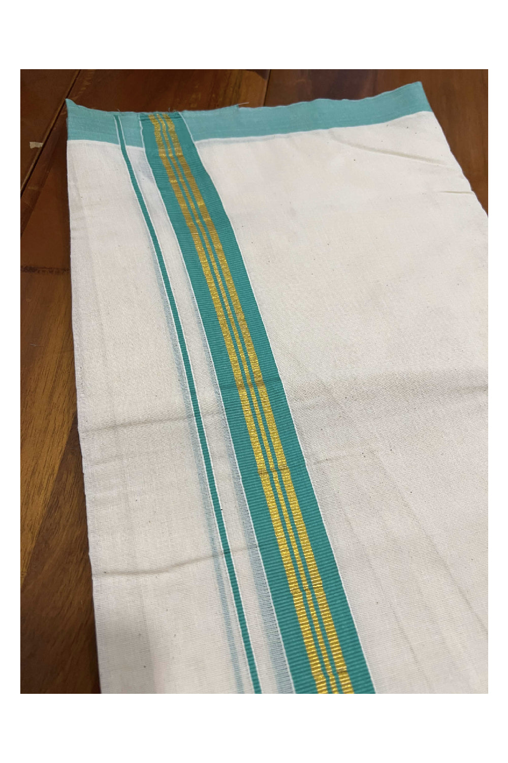 Off White Cotton Mundu with Light Green and Kasavu Border (South Indian Dhoti)