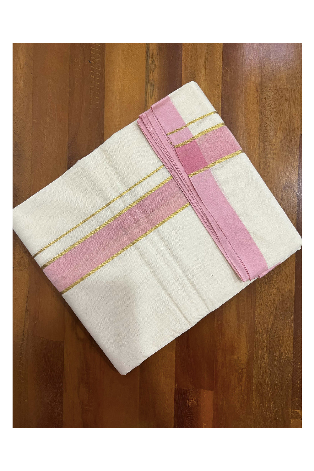 Off White Cotton Mundu with Pink and Kasavu Border (South Indian Dhoti)