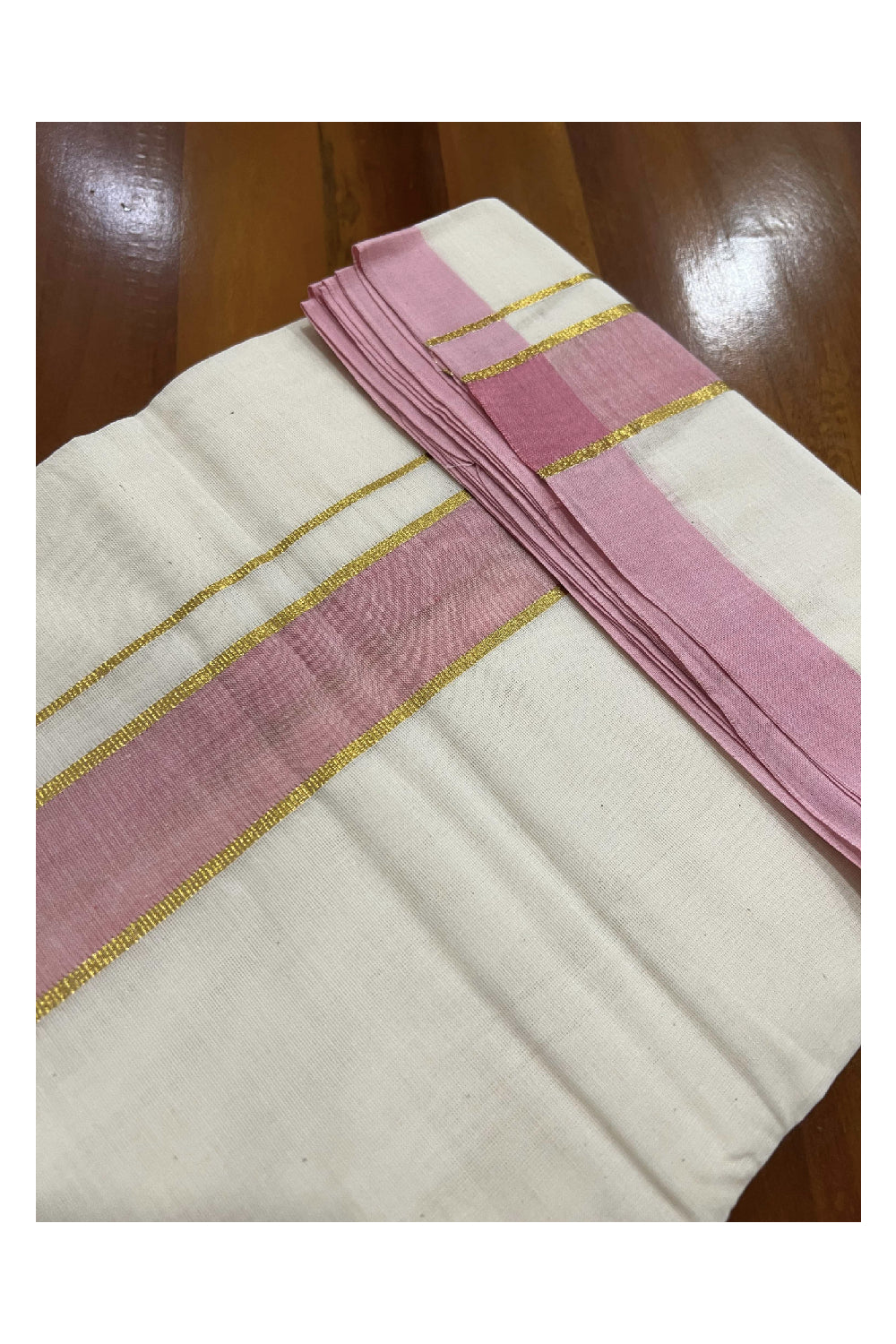 Off White Cotton Mundu with Pink and Kasavu Border (South Indian Dhoti)