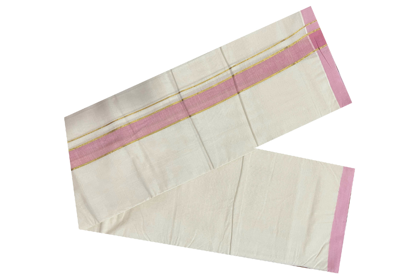 Off White Cotton Mundu with Pink and Kasavu Border (South Indian Dhoti)