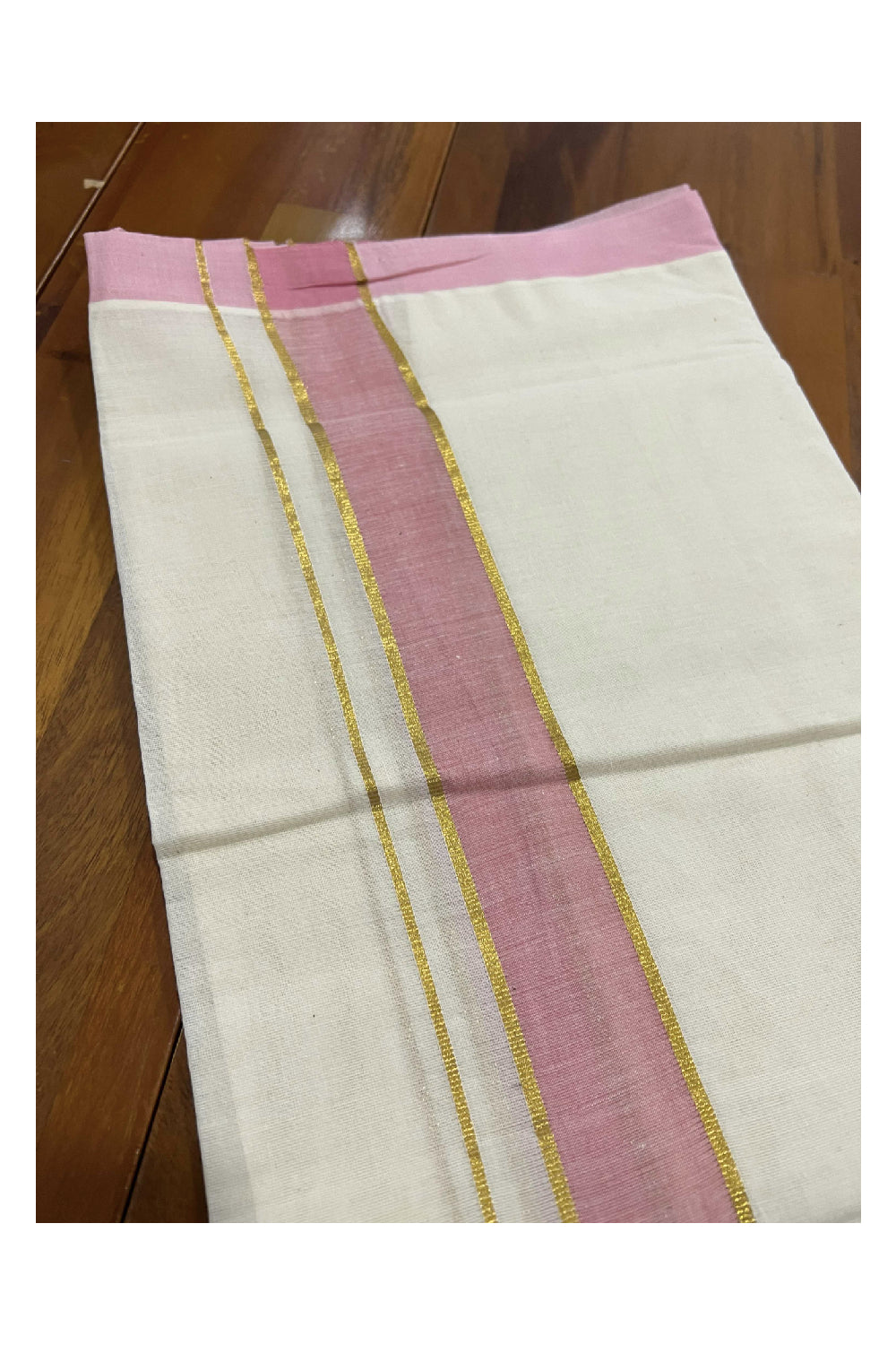 Off White Cotton Mundu with Pink and Kasavu Border (South Indian Dhoti)