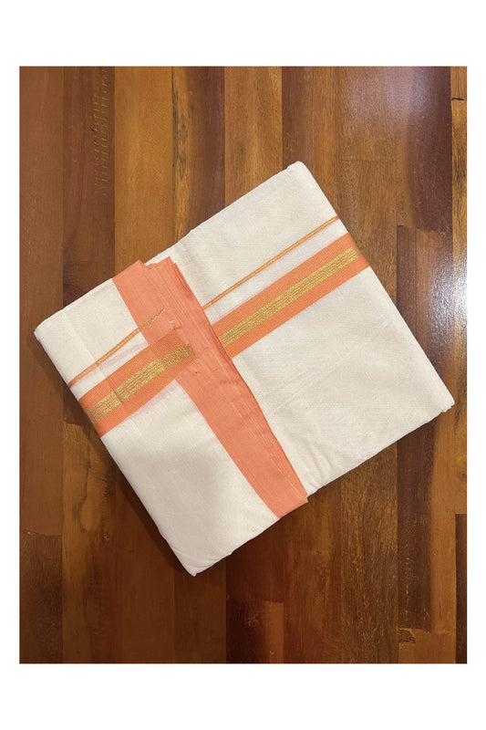 Off White Cotton Mundu with Orange and Kasavu Border (South Indian Dhoti)