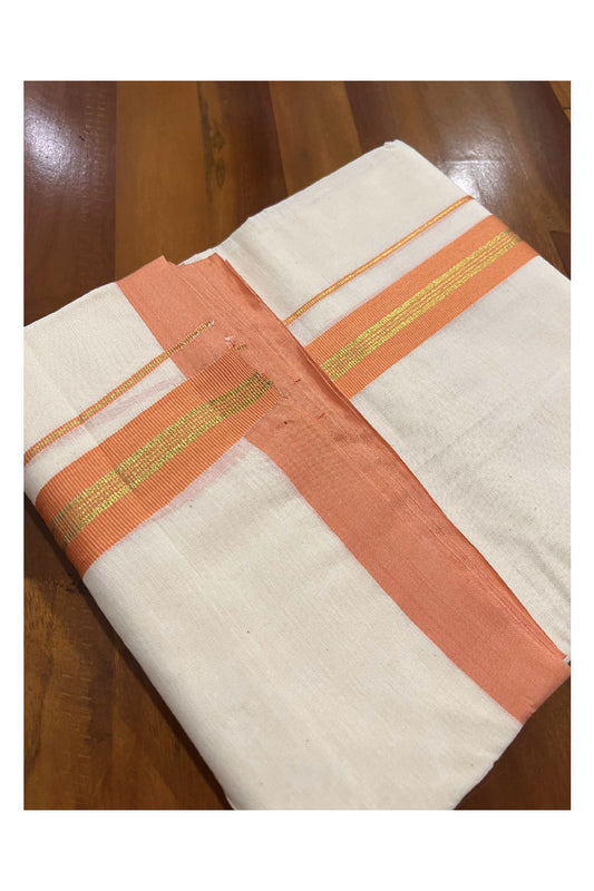 Off White Cotton Mundu with Orange and Kasavu Border (South Indian Dhoti)