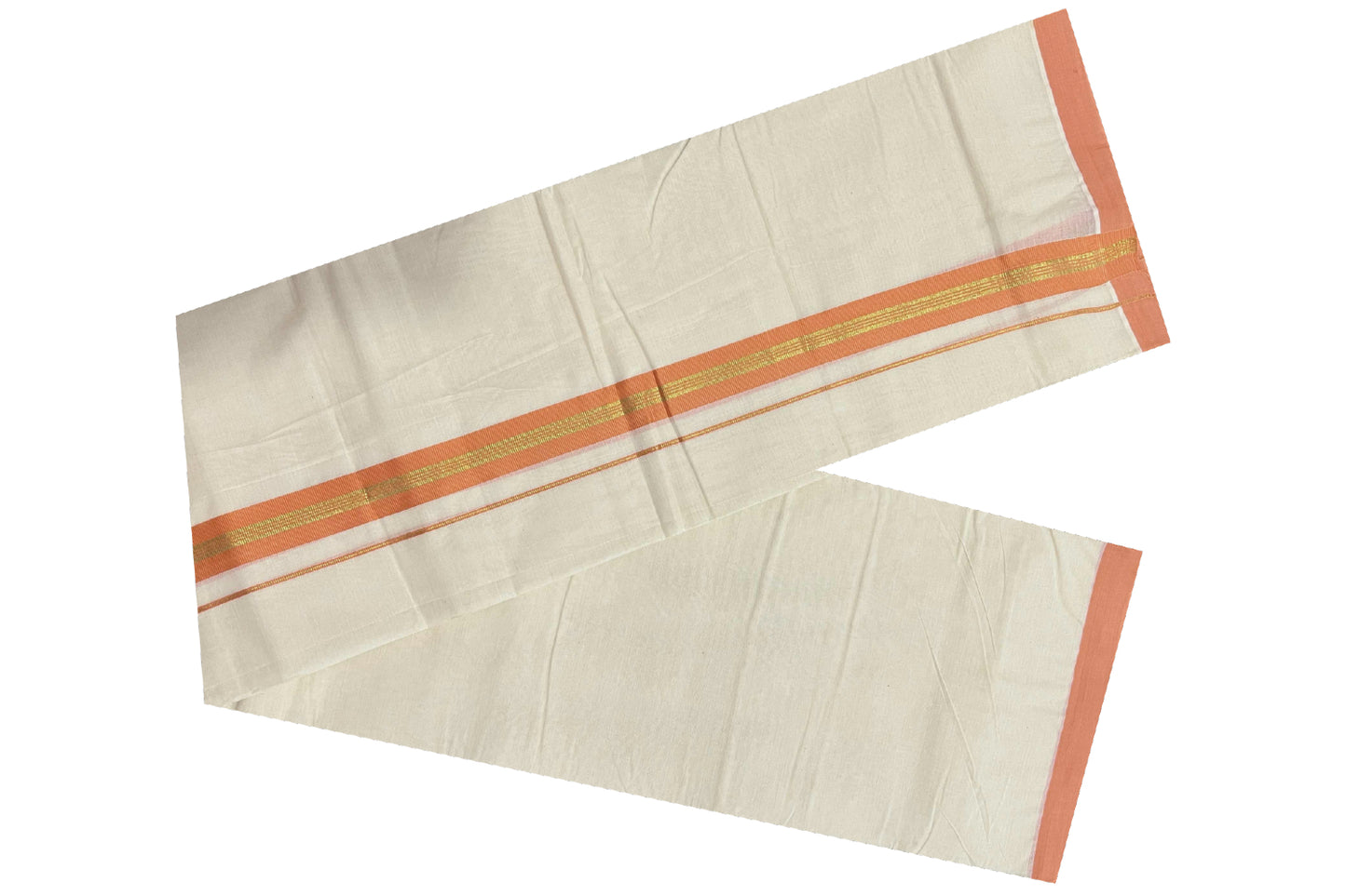 Off White Cotton Mundu with Orange and Kasavu Border (South Indian Dhoti)