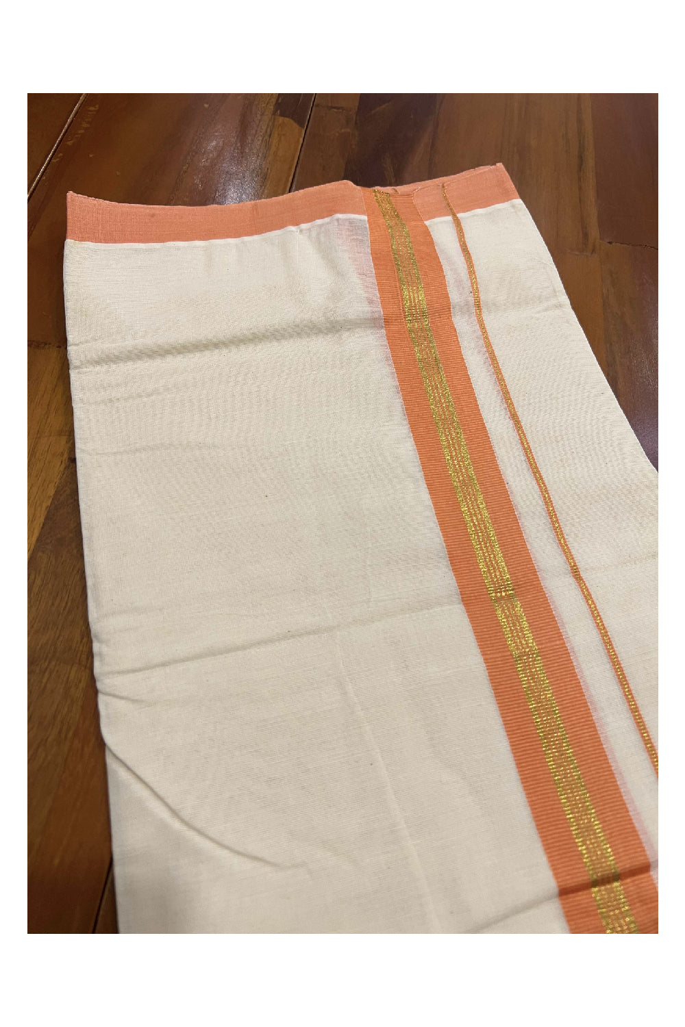 Off White Cotton Mundu with Orange and Kasavu Border (South Indian Dhoti)