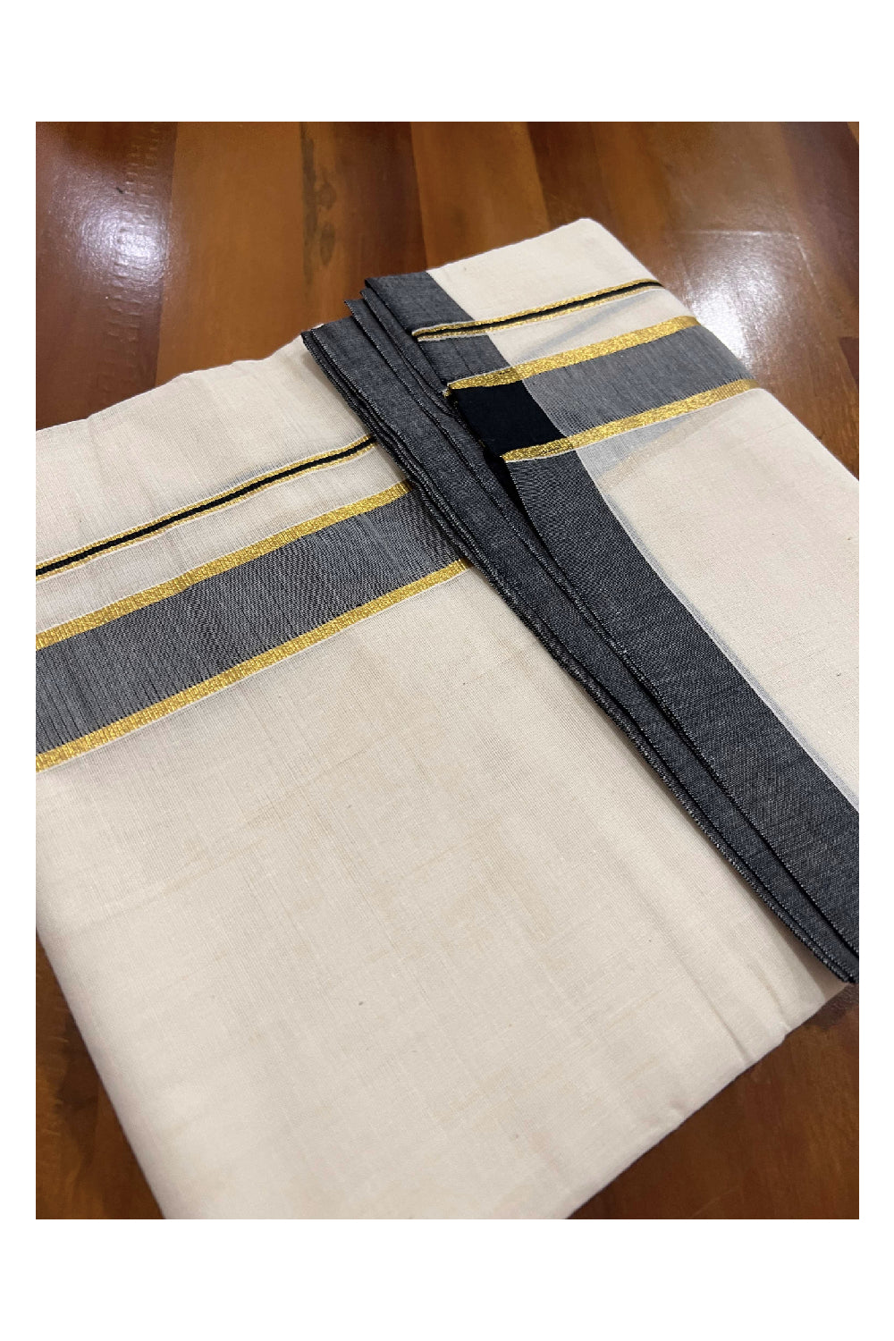 Off White Cotton Mundu with Black and Kasavu Border (South Indian Dhoti)