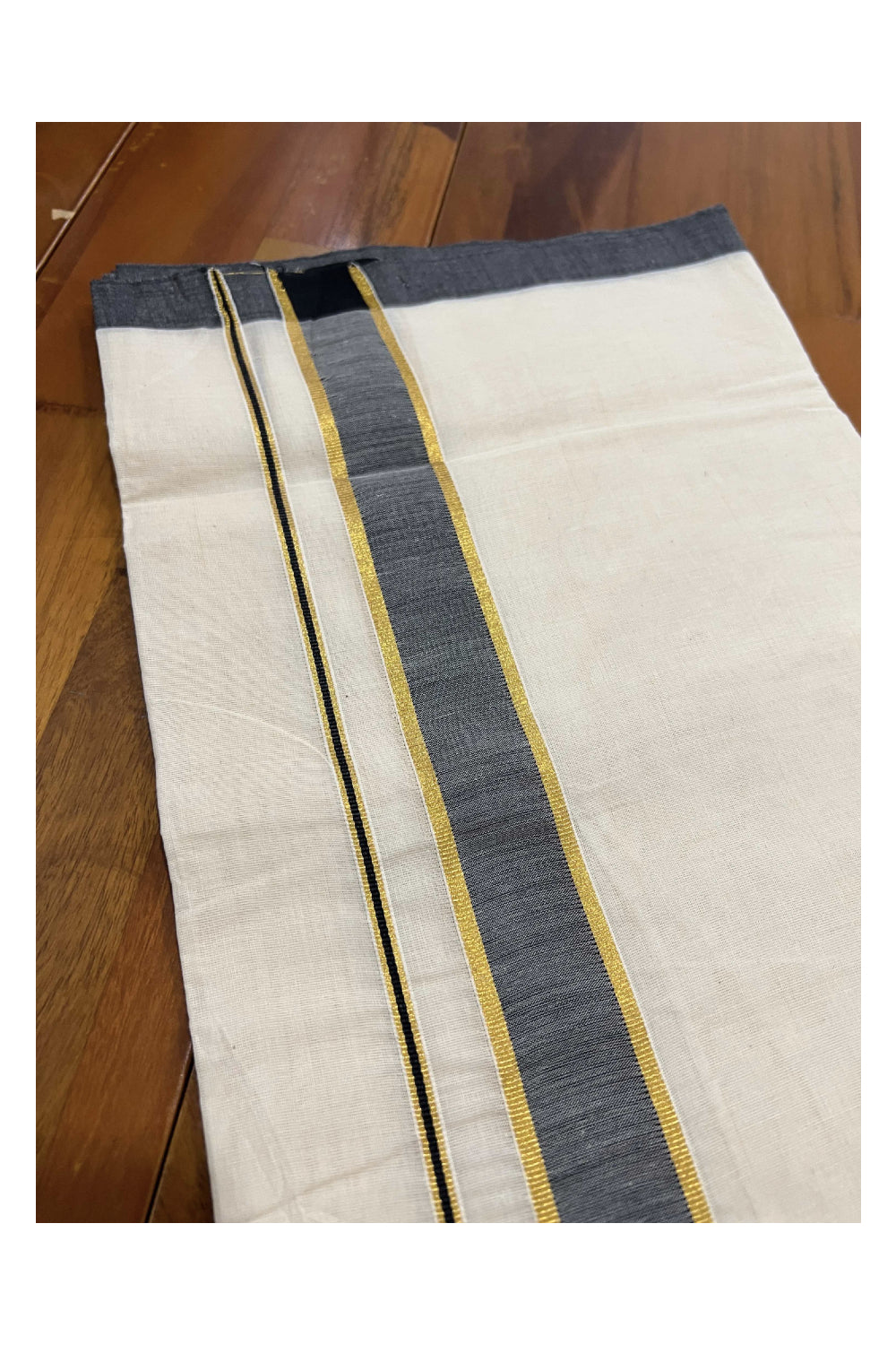 Off White Cotton Mundu with Black and Kasavu Border (South Indian Dhoti)