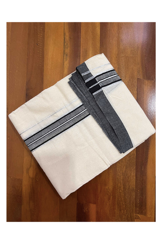 Off White Cotton Mundu with Black and Silver Kasavu Border (South Indian Dhoti)