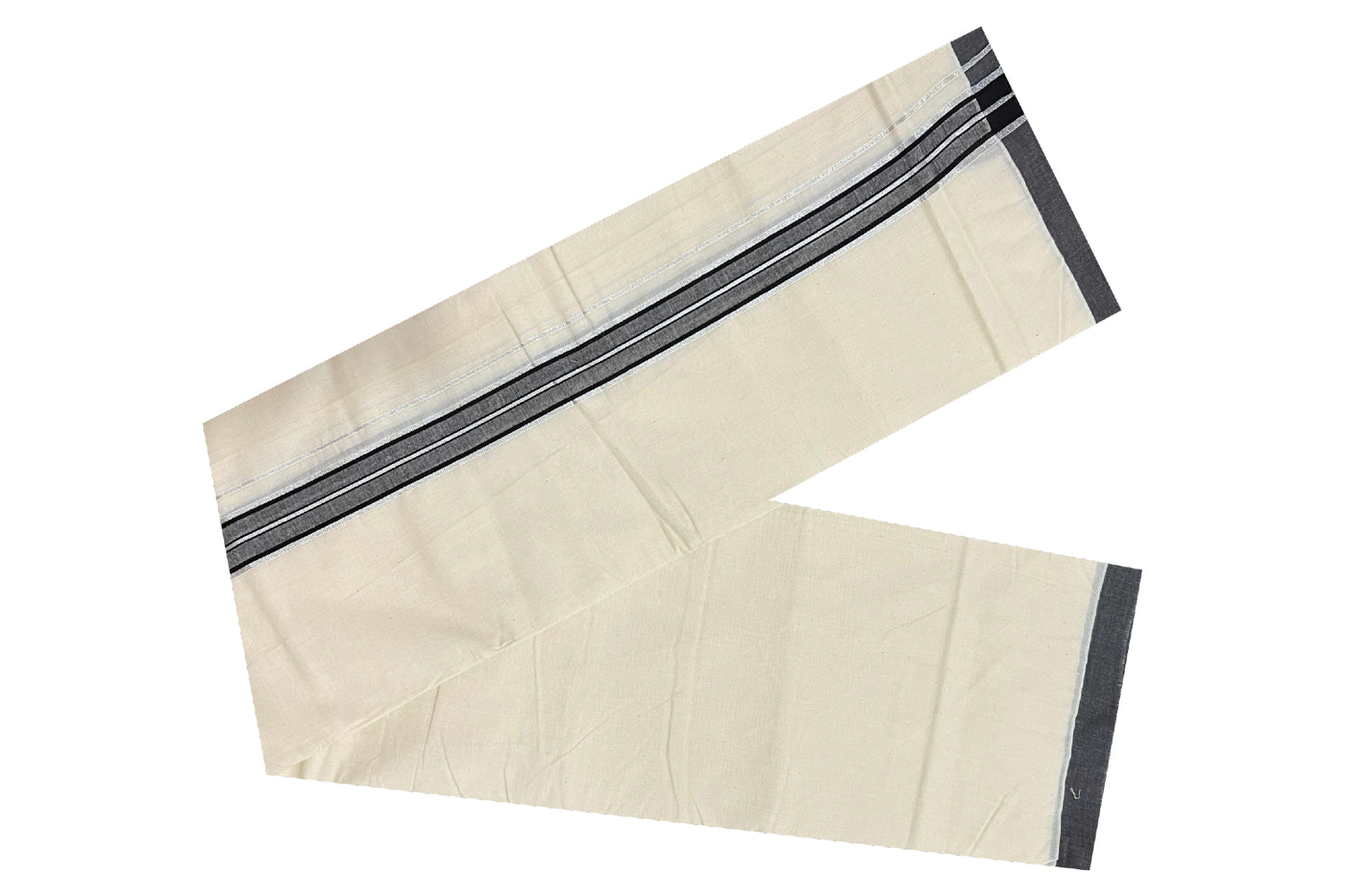 Off White Cotton Mundu with Black and Silver Kasavu Border (South Indian Dhoti)