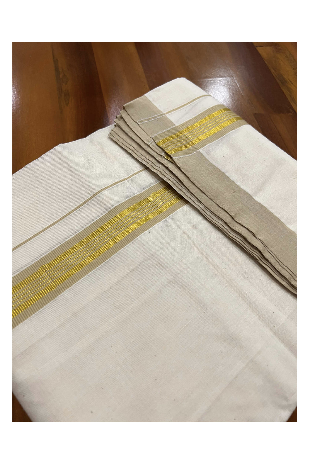 Off White Cotton Mundu with Cream and Kasavu Border (South Indian Dhoti)