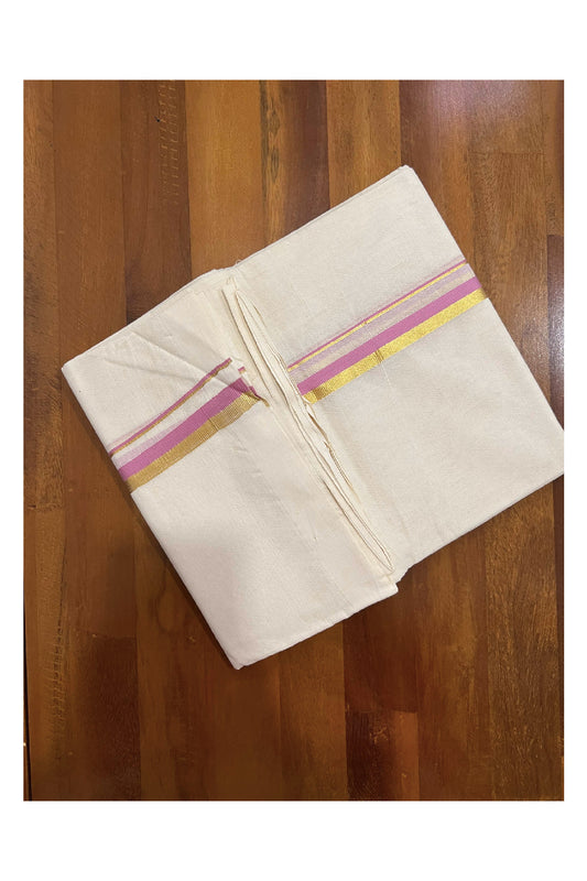 Off White Cotton Mundu with Pink and Kasavu Border (South Indian Dhoti)