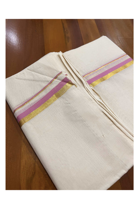 Off White Cotton Mundu with Pink and Kasavu Border (South Indian Dhoti)