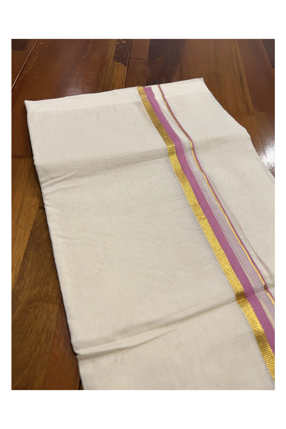 Off White Cotton Mundu with Pink and Kasavu Border (South Indian Dhoti)