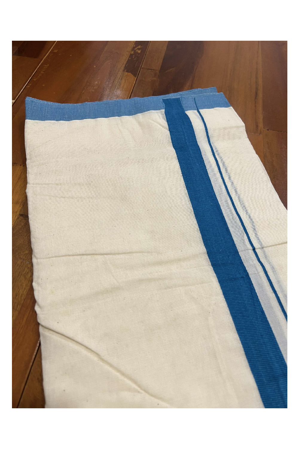 Off White Cotton Mundu with Blue Border (South Indian Dhoti)