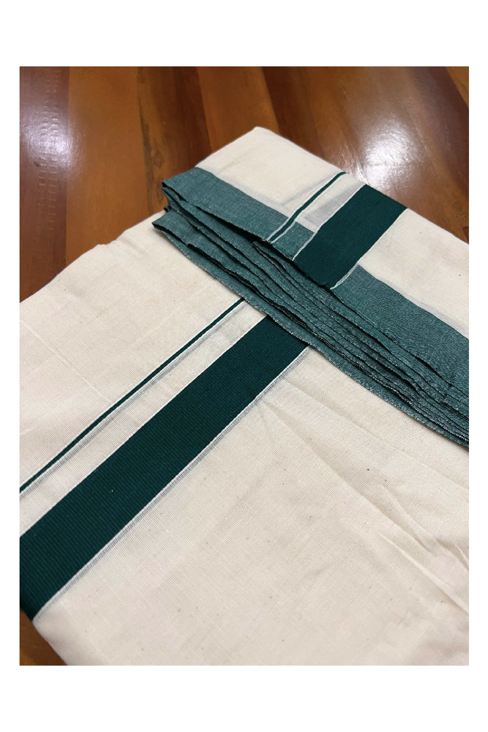 Off White Cotton Mundu with Dark Green Border (South Indian Dhoti)