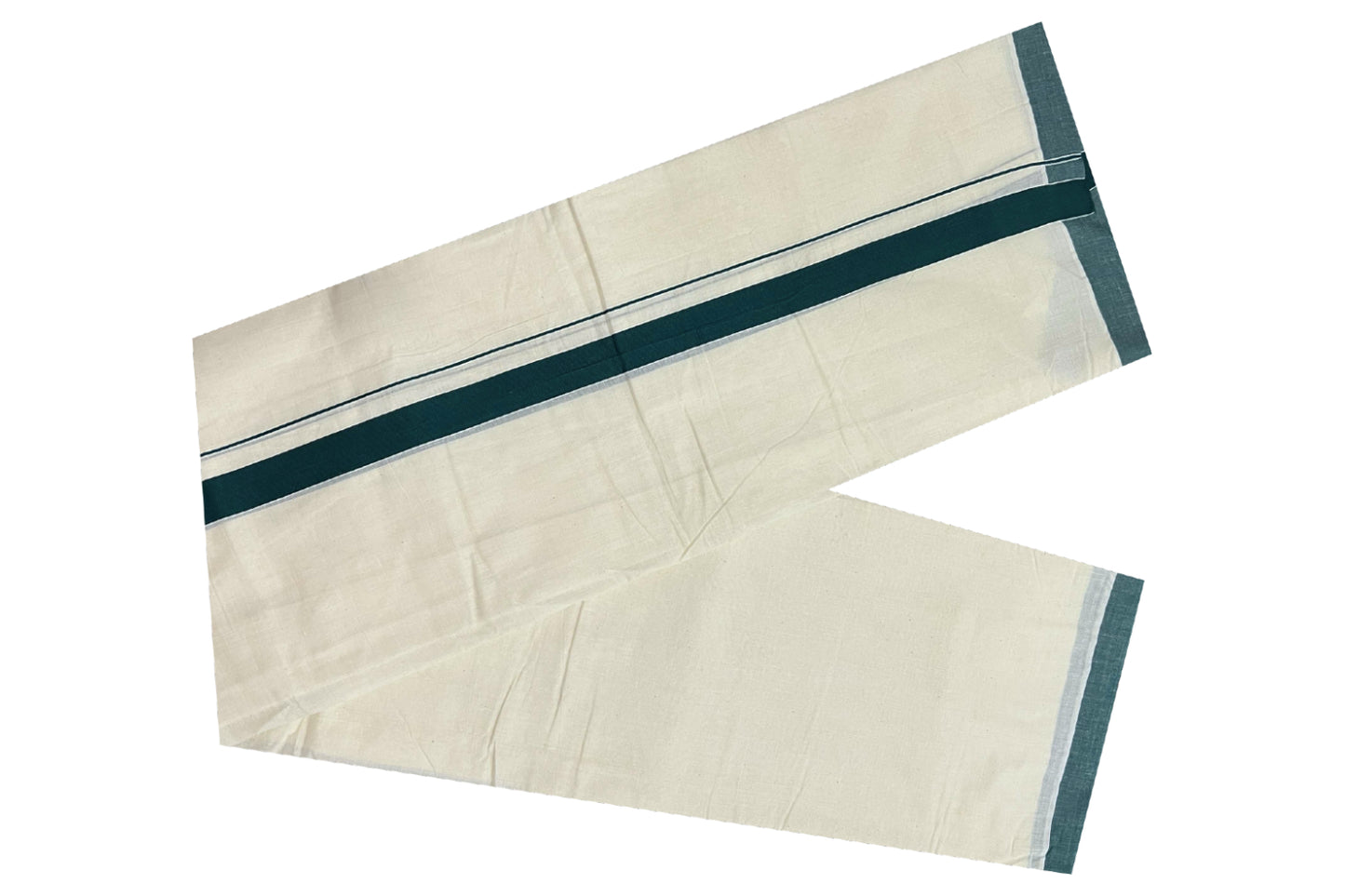 Off White Cotton Mundu with Dark Green Border (South Indian Dhoti)