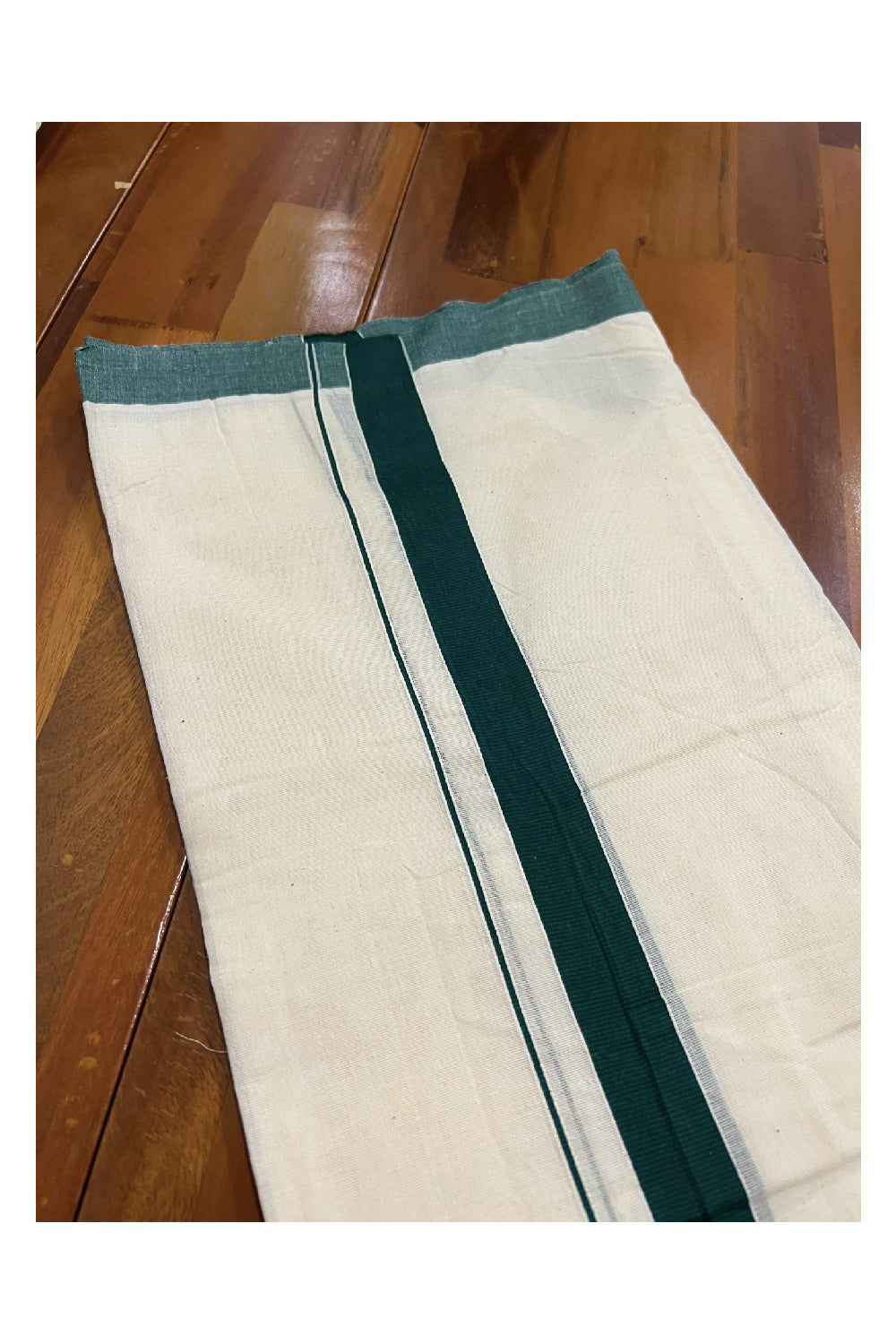 Off White Cotton Mundu with Dark Green Border (South Indian Dhoti)