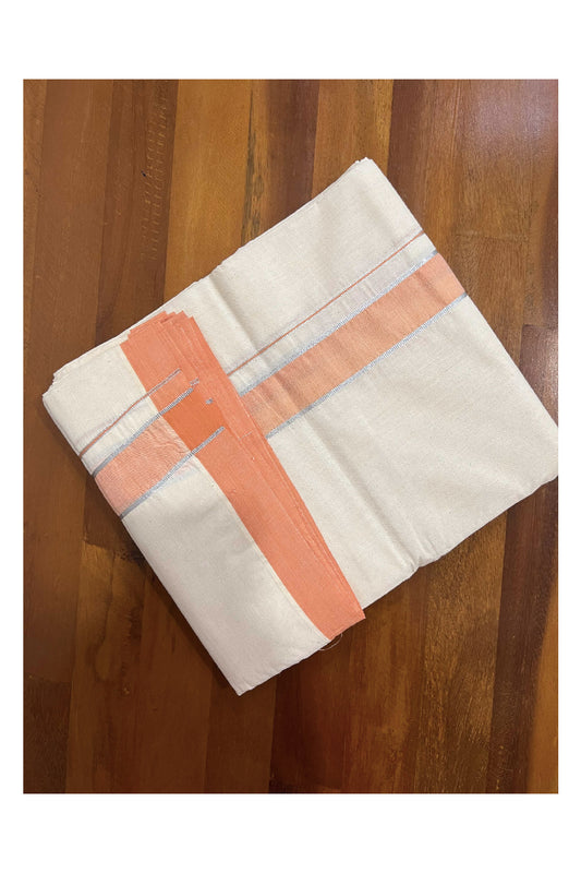 Off White Cotton Mundu with Peach and Silver Kasavu Border (South Indian Dhoti)