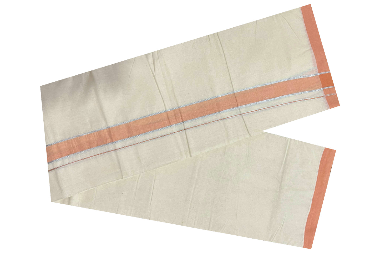 Off White Cotton Mundu with Peach and Silver Kasavu Border (South Indian Dhoti)