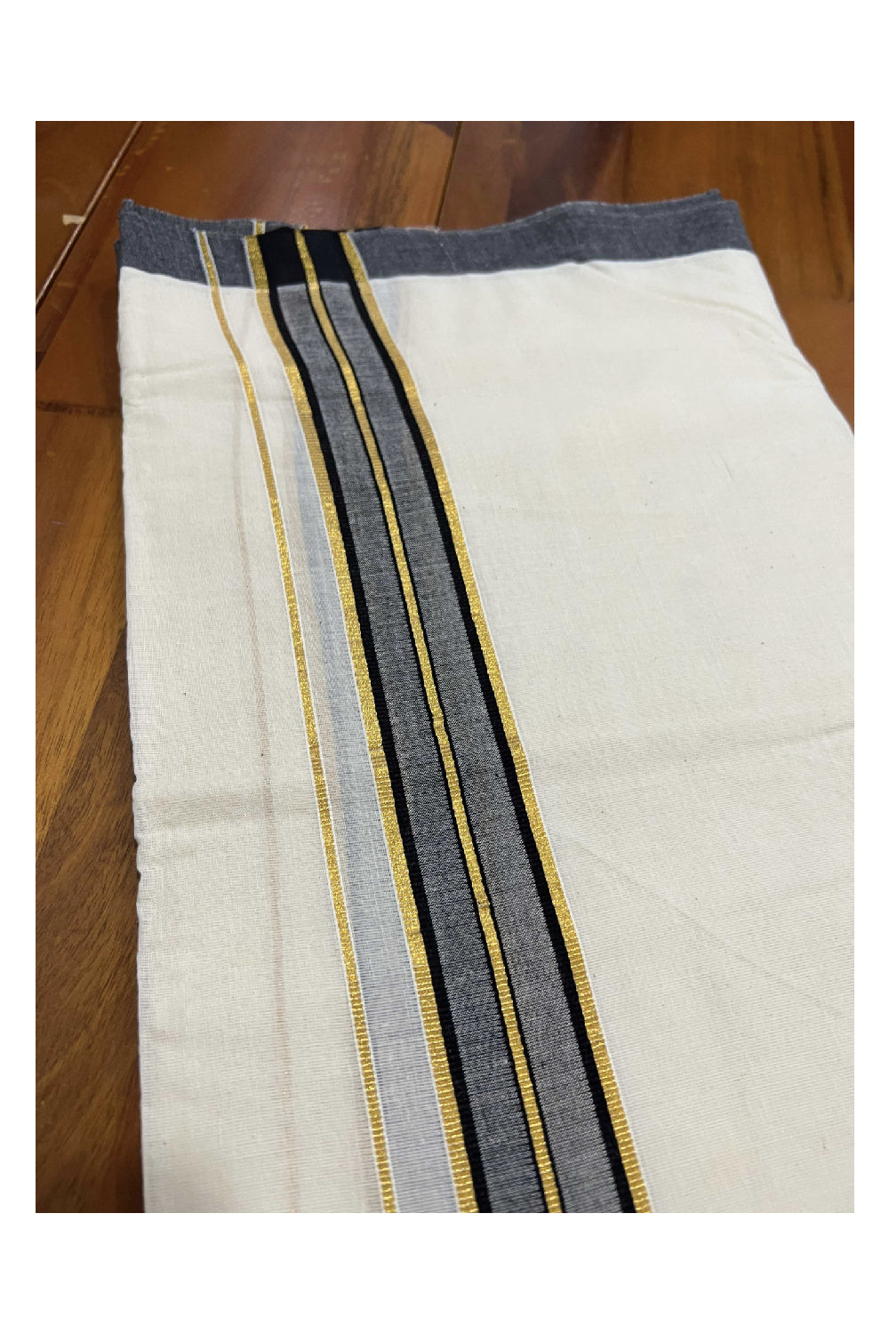 Off White Cotton Mundu with Black and Kasavu Border (South Indian Dhoti)