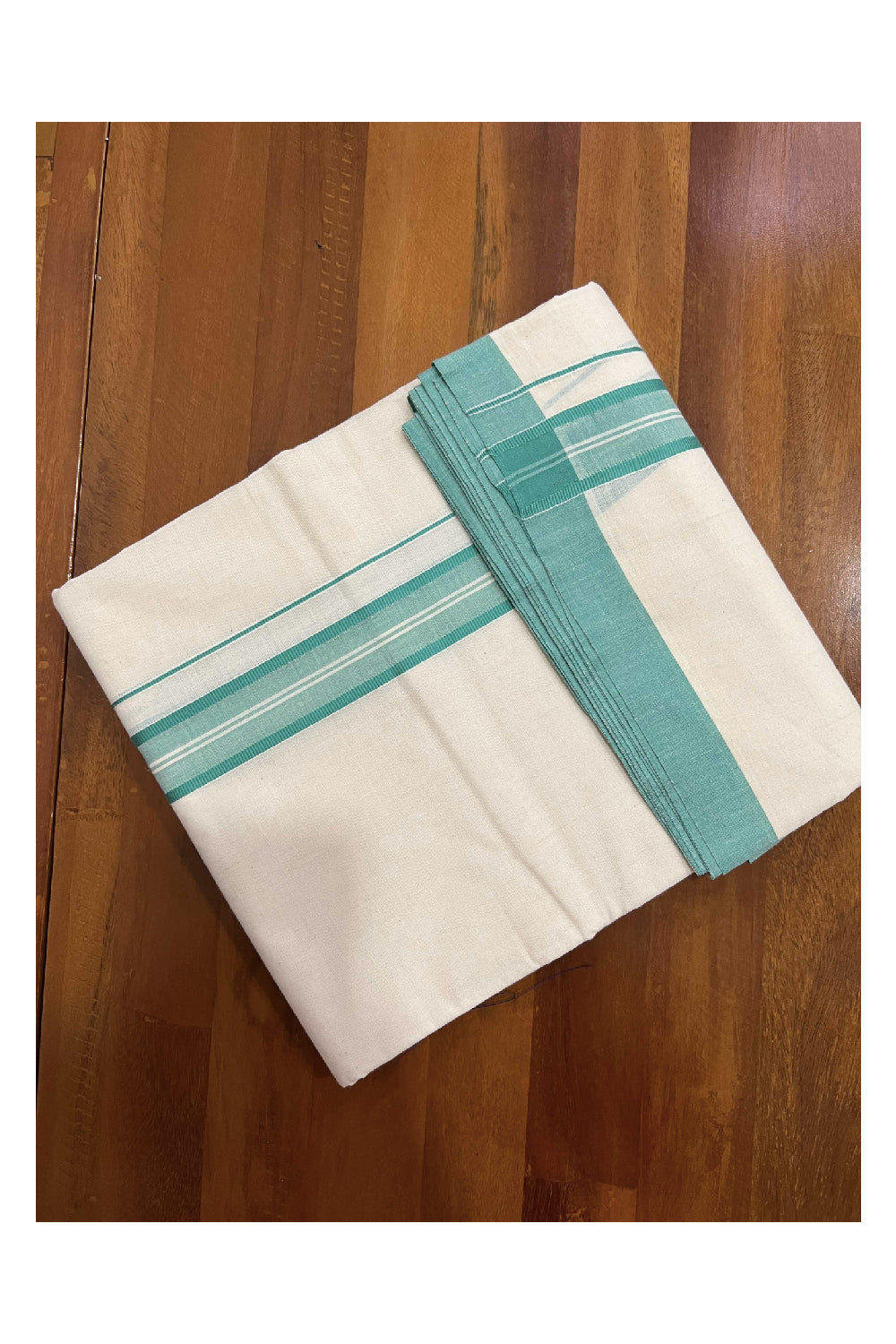 Off White Cotton Mundu with Turquoise Border (South Indian Dhoti)