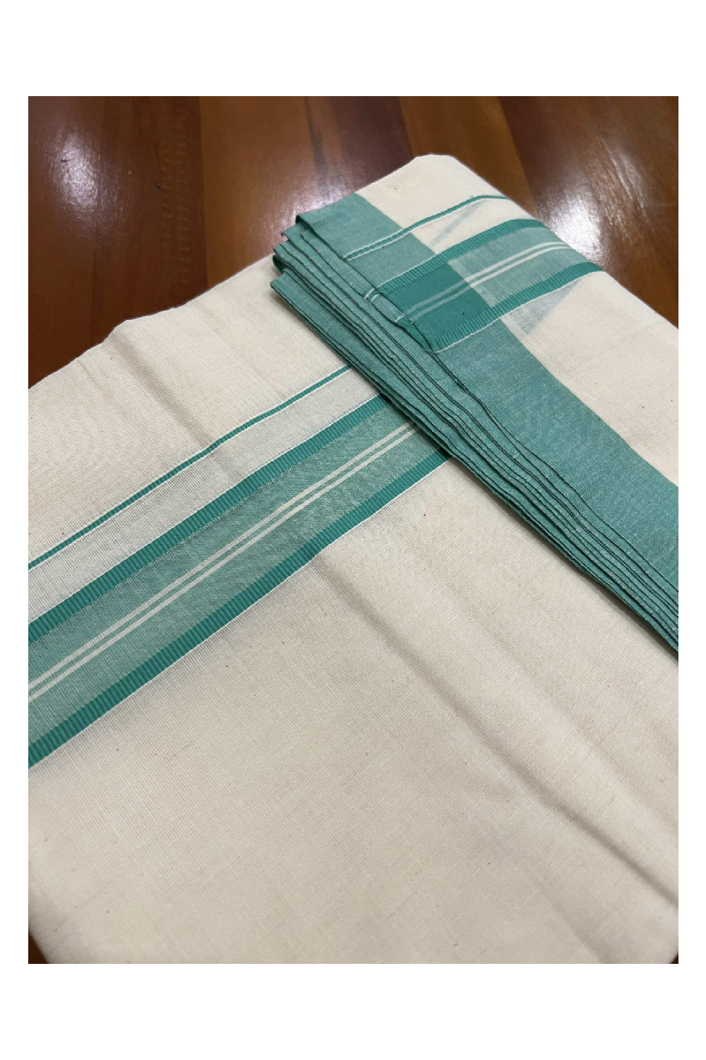 Off White Cotton Mundu with Turquoise Border (South Indian Dhoti)