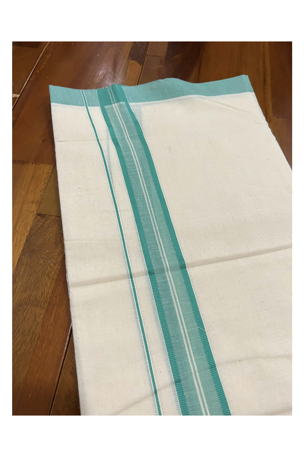 Off White Cotton Mundu with Turquoise Border (South Indian Dhoti)