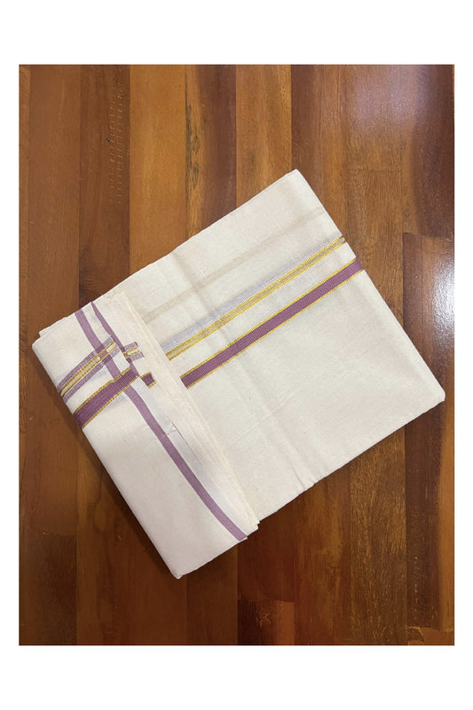 Off White Cotton Mundu with Dark Pink and Puliyilakkara Kasavu Border (South Indian Dhoti)