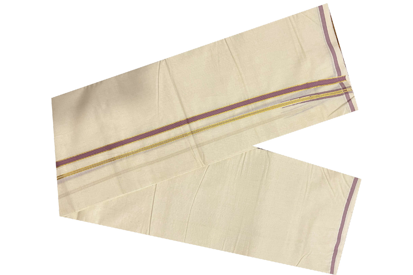 Off White Cotton Mundu with Dark Pink and Puliyilakkara Kasavu Border (South Indian Dhoti)