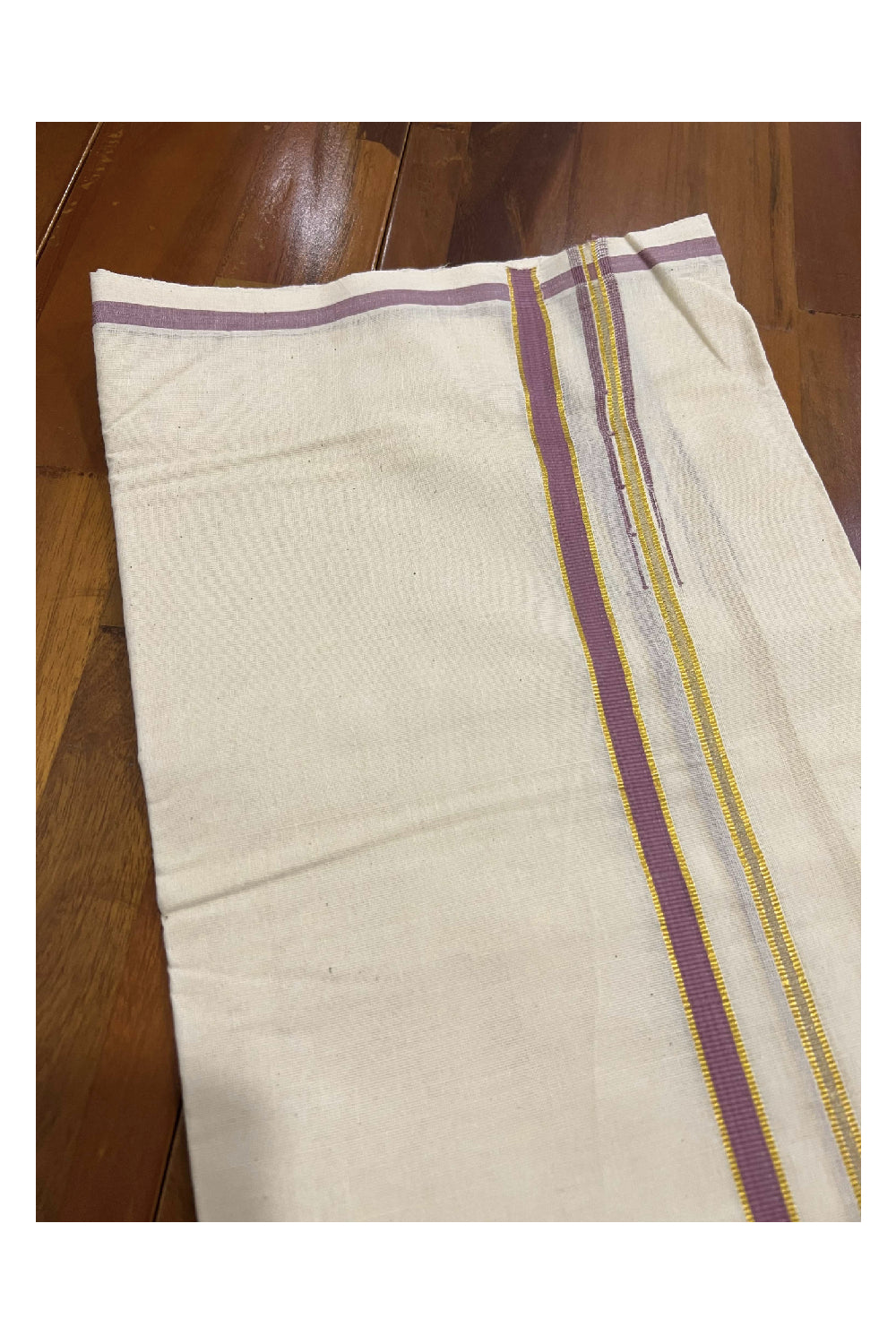 Off White Cotton Mundu with Dark Pink and Puliyilakkara Kasavu Border (South Indian Dhoti)